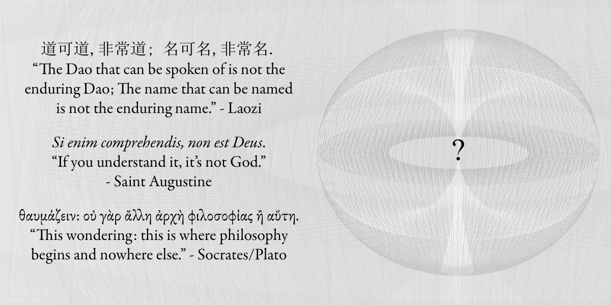 The Dao that can be spoken of is not the enduring Dao; The name that can be named is not the enduring name. - Laozi / Si enim comprehendis, non est Deus. If you understand it, it's not God. - Saint Augustine / This wondering: this is where philosophy begins and nowhere else. - Socrates/Plato